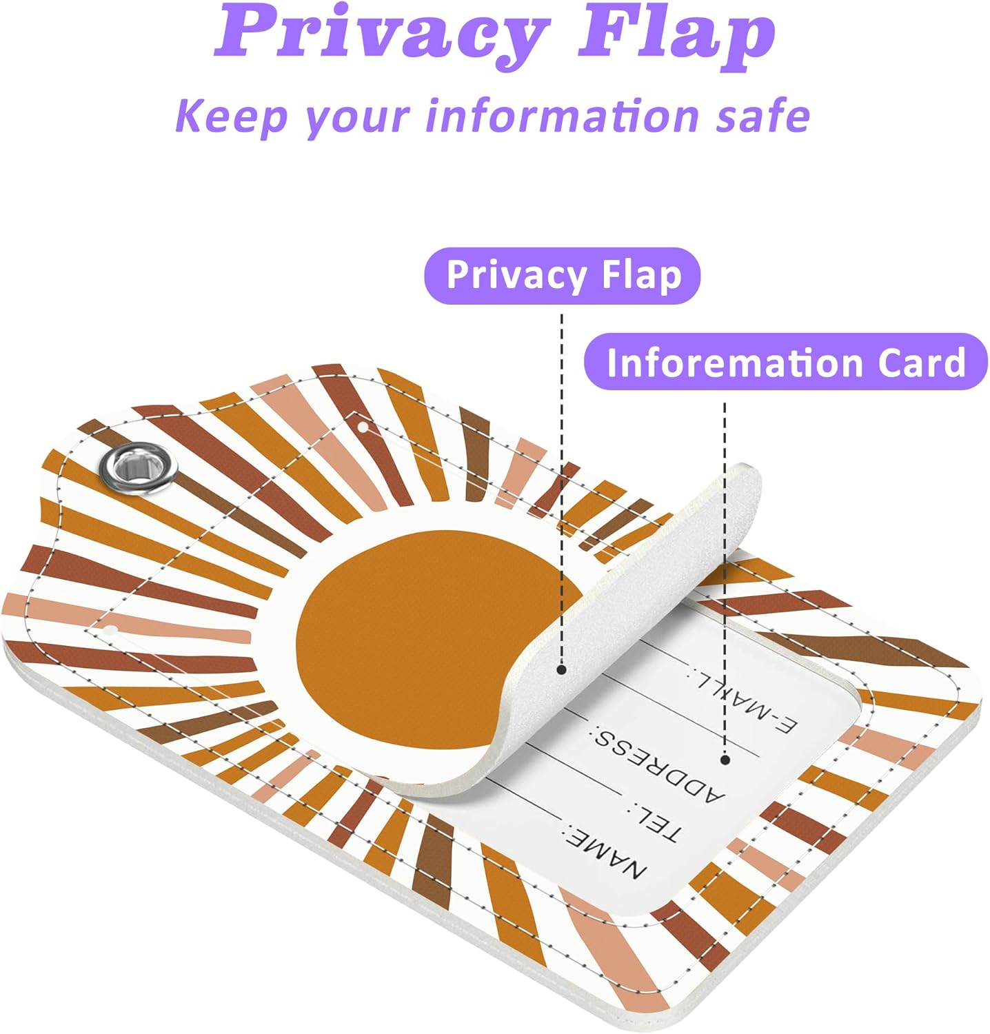 Scandinavian Style Abstract Sun Luggage Tags 2PCS PU Leather Suitcases Tag with Stainless Steel Loop and Privacy Name Address Cover Label Card for Women Men Travel