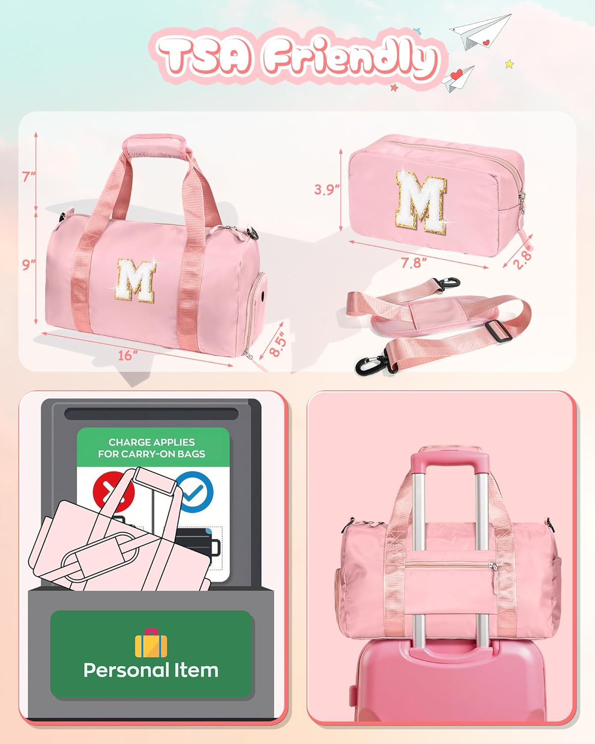 Gifts for 3 4 5 6 7 8 9 Year Old Girls-Girl Gym Bag with Shoe Compartment, Kid Weekender Overnight Bags, Initial Travel Tote with Makeup Pouch, 10 Year Old Girl Birthday Gifts Teen (Letter C)