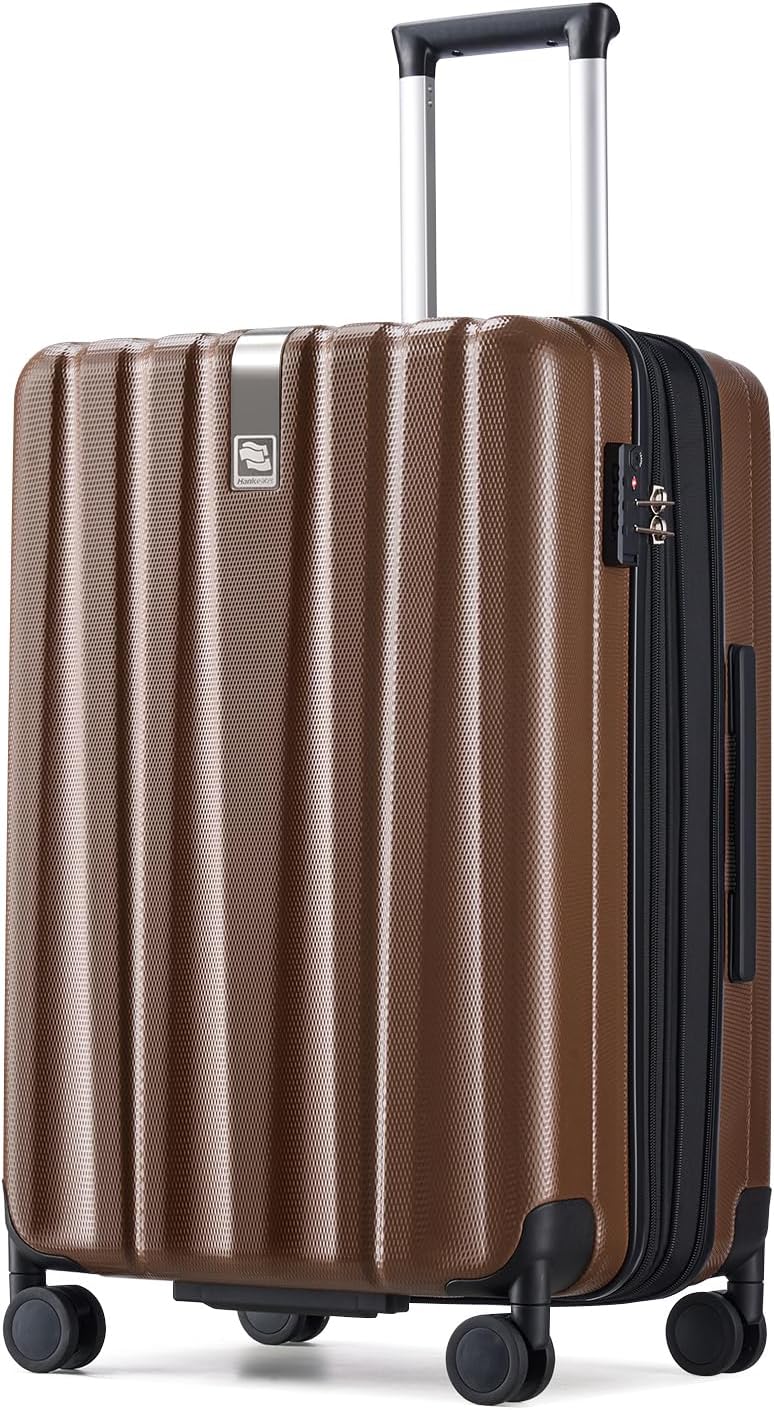 Hanke 24 Inch Expandable Checked Luggage Lightweight PC Hard Case Luggage Suitcases with Wheels TSA Luggage Rolling Large Suitcase Travel Luggage Bag for Go to University(Brown)