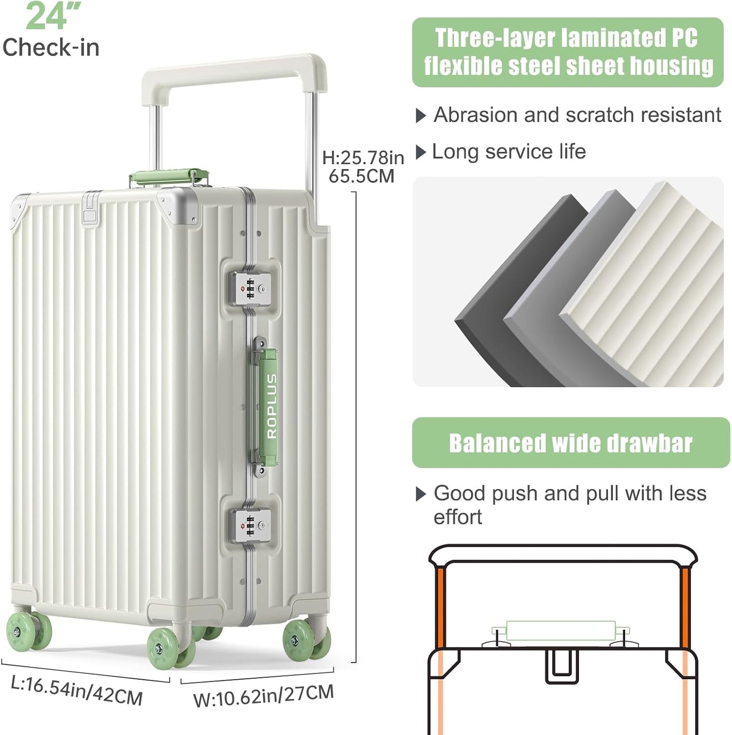 Aluminium Frame Checked-Luggage with Smooth Jelly Wheels, Hardside Zipperless Rolling Suitcase with TSA Lock (WhiteGreen, 24-Inch)