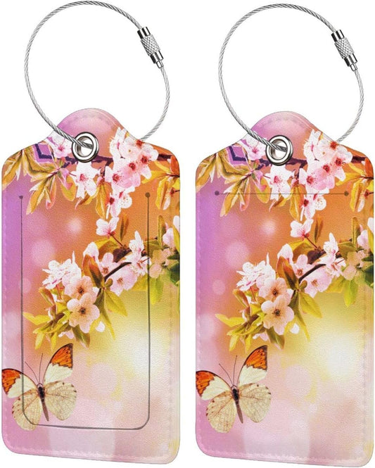 2 Packs Beautiful Spring Flowers PU Leather Luggage Tags Butterfly Suitcase Labels Bag Tags Cute Name ID Labels with Privacy Cover for Women Teen Girls Pink Yellow Background