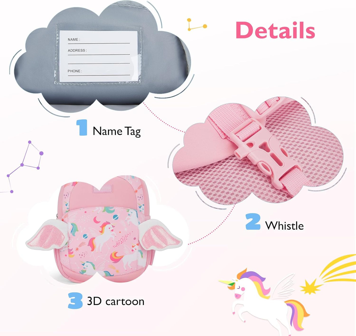 mommore Toddler Backpack for Girls 2-4 Neoprene Unicorn Backpack with Kids Leash, 3D Cartoon Preschool Kindergarten Bookbag for Pre-k, Pink