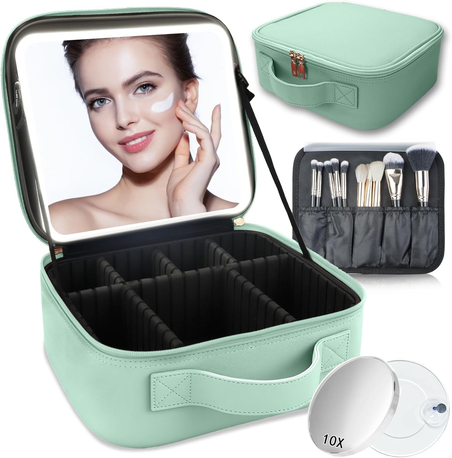 Makeup Bag with Led Mirror,Travel Makeup Organizer with 3 Color Setting & 10X Magnifying Mirror, Portable Storage and Adjustable Dividers Travel Makeup Bag-light green
