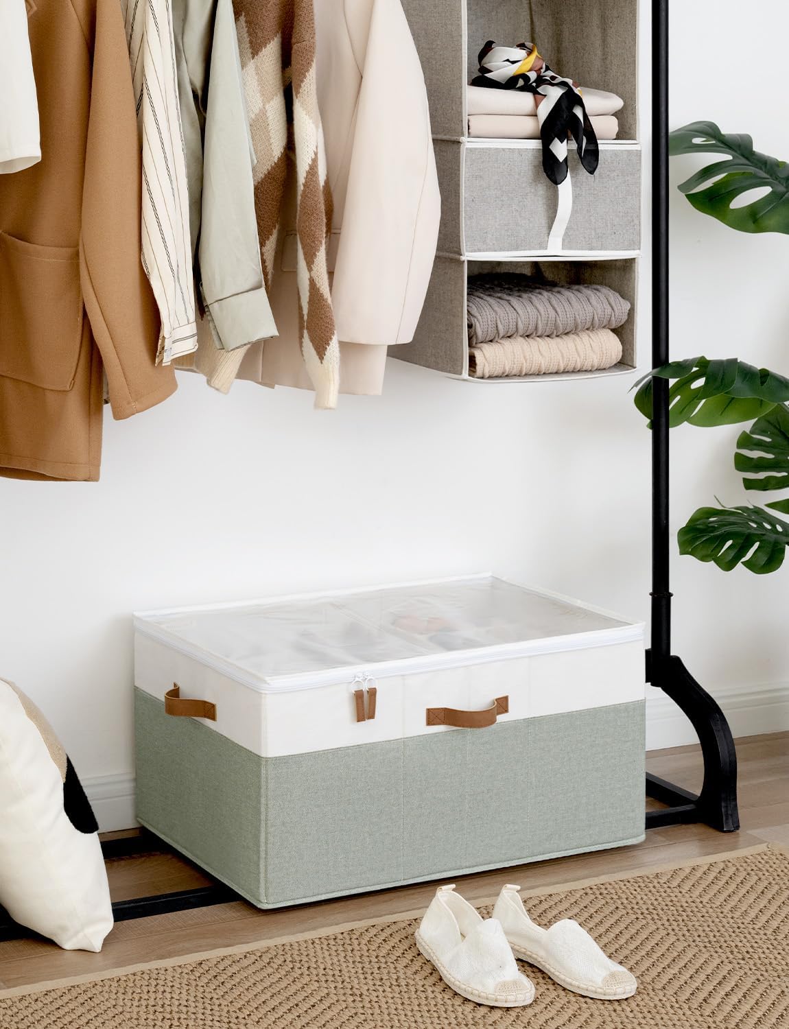 StorageWorks Shoe Organizer for Closet, Fits up to 24 Pairs, Shoe Cubby Storage Containers with Adjustable Dividers and Clear Cover, Green & White