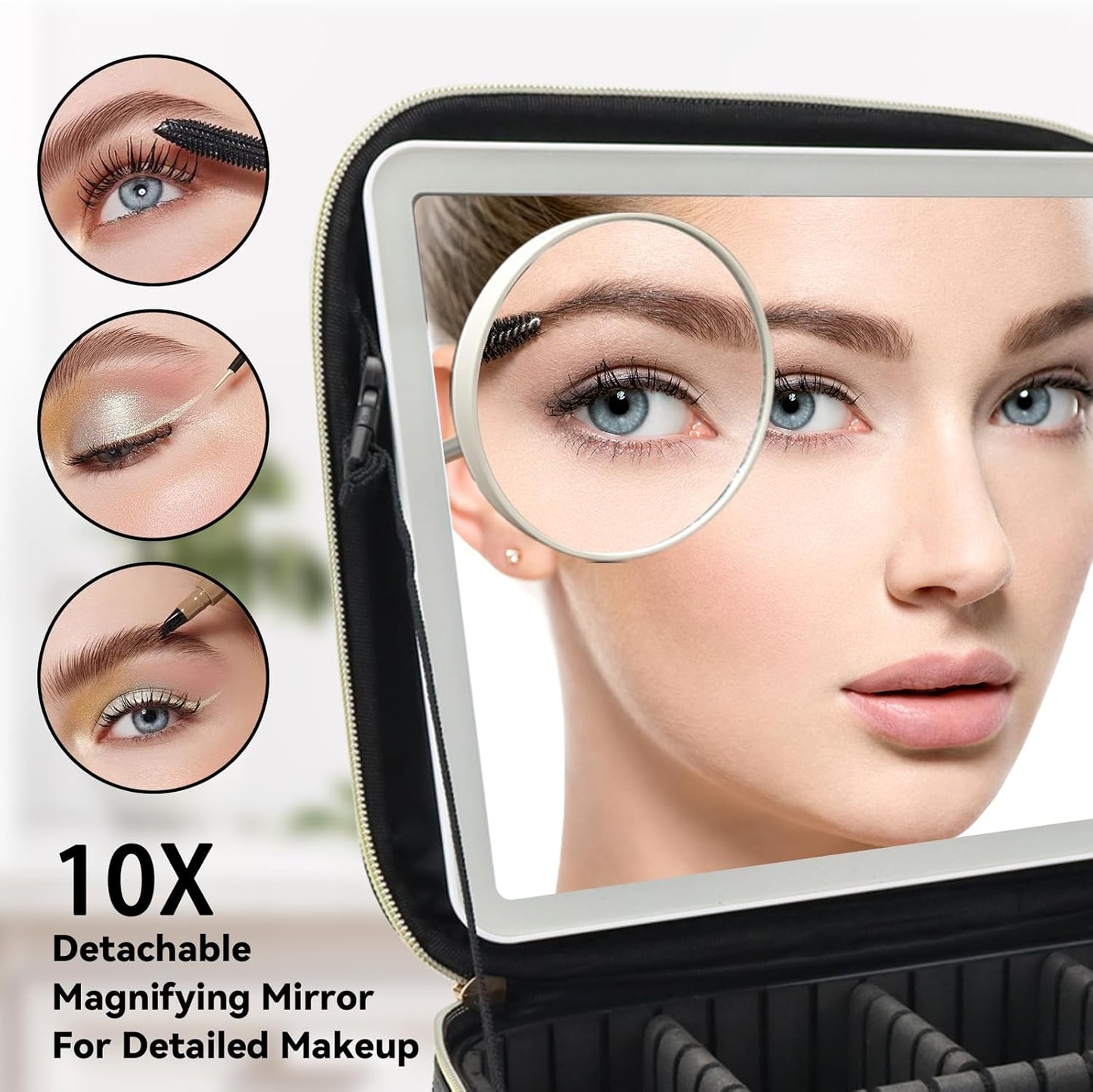 Travel Makeup Bag with LED Mirror and 10x magnifying glass with 3 Lighted Settings, Adjustable Dividers and Makeup Brush Storage Bag Black