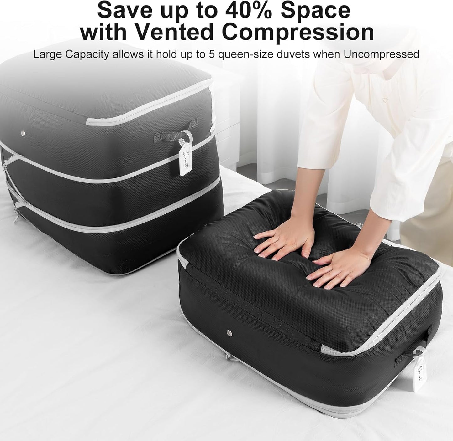 Comforter Storage Bag - Large Capacity Blanket Storage Bags 3-Layer Ultra Space Saving Self Compression Organizer, Washable Compression Bags for Storage Comforter Blanket, 8-Pack, Black