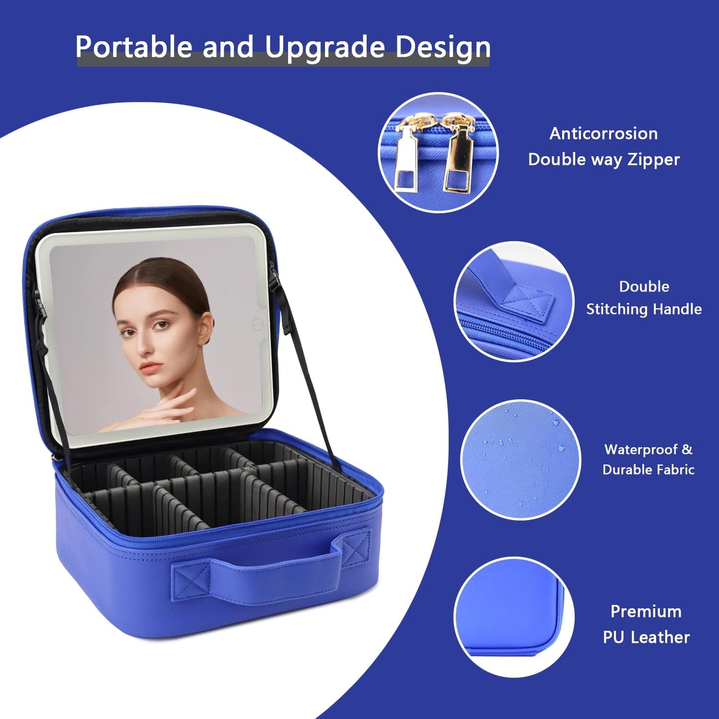 Makeup Bag with Led Mirror,Travel Makeup Organizer with 3 Color Setting & 10X Magnifying Mirror, Portable Storage and Adjustable Dividers Travel Makeup Bag-dark blue
