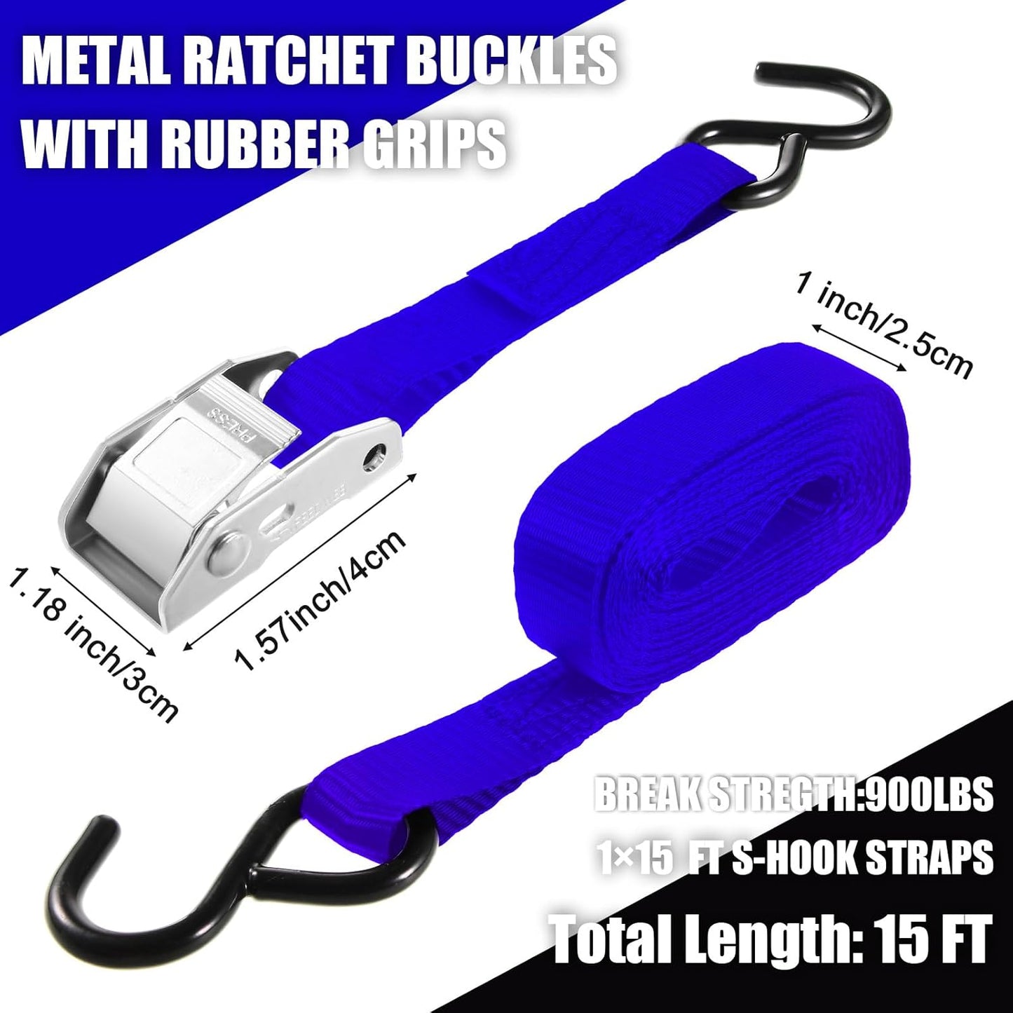 16 Pcs Cambuckle Tie Down Straps 1763lbs Break Strength Securing Straps 1'' x 15 ft Cambuckle Tie Downs with S Hook for Motorcycle, Kayak, Car, Truck, Boat Moving, Securing Cargo(Blue)