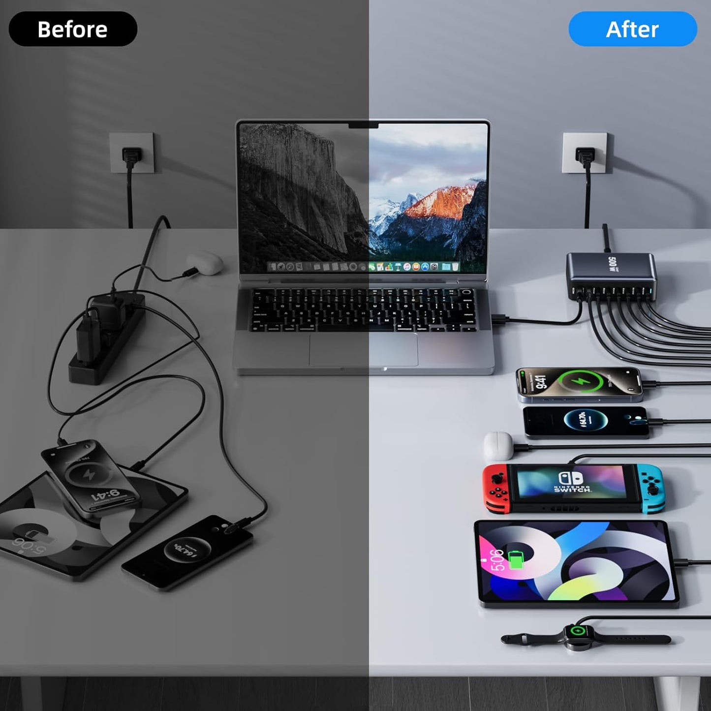 500W Fast Charging 8 Port USB C Charger Block with Nylon Fast Charging Cable, Multi-Device Charging Station Wall Desktop Charger with GaN Ⅲ Technology, USB-C Charger Adapter for MacBook/iPad/iPhone 16