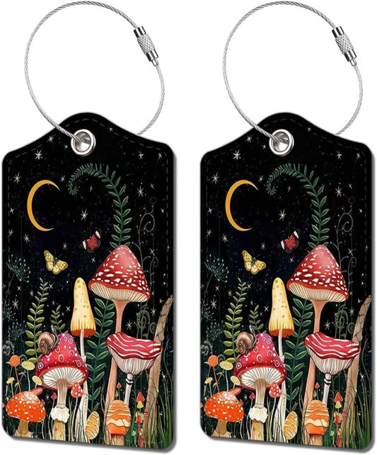 2 Pack Luggage Tag for Suitcase, Cute Unique Leather Bag Tags Identifiers Privacy Cover ID Label with Durable Steel Loop for Women Men Kids Girls Travel, Mushroom House