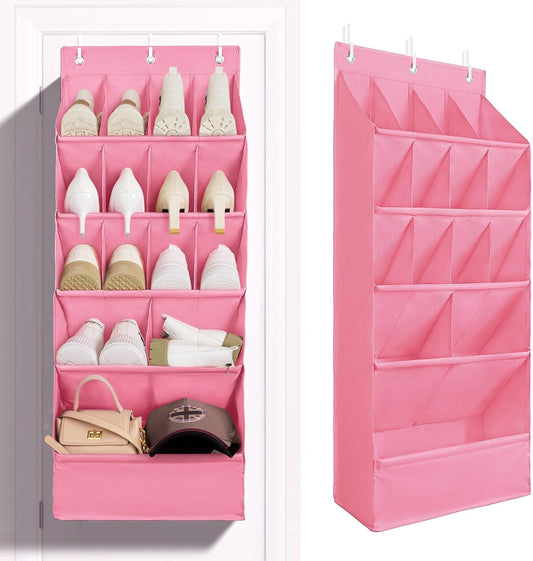 FENTEC 1 Pack Over-the-Door-Shoe-Organizers, Hanging Shoe Organizers with Large Pocket Shoe Holder Hanging Shoe Rack for Closet Shoe Organizer for Wall, Over Door Organizer with 15 Pockets Pink