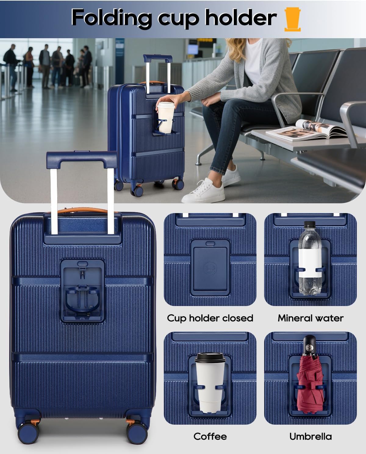 Joyway Carry on Luggage Airline Approved with Front Pocket, Hardside 20 Inch Travel Luggages with Cup Holder, Carry-on Suitcase with Spinner Wheels for Men and Women (Blue, 20 Inch)