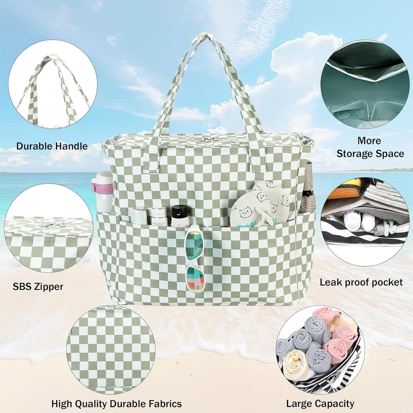 LEDAOU Large Beach Tote Bag Women Waterproof Sandproof Zipper Beach Tote Bag for Pool Gym Grocery Travel with Wet Pocket