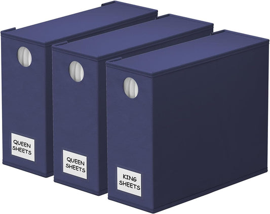 SpaceAid 3 Pack Bed Sheet Organizers and Storage, Foldable Sheet Organizer for Linen Closet, Sheets Set Folder Keeper with Window XL (Queen & King Size) Bedding Container (Navy Blue, 3 Pack)