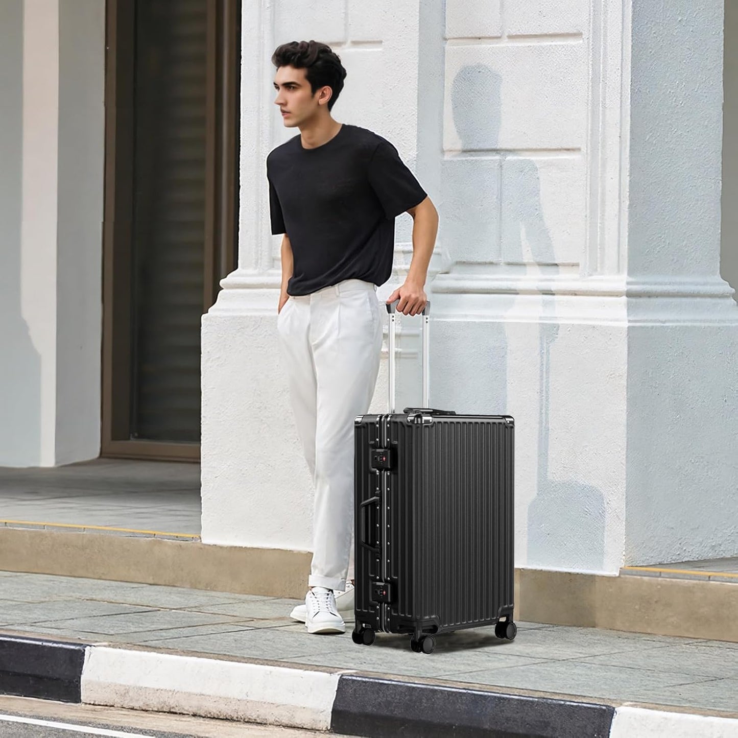 AnyZip Luggage PC+ABS Aluminum Frame Zipperless Checked Luggage Hard Shell Suitcase with TSA Lock Double Spinner Wheels 28 Inch Black