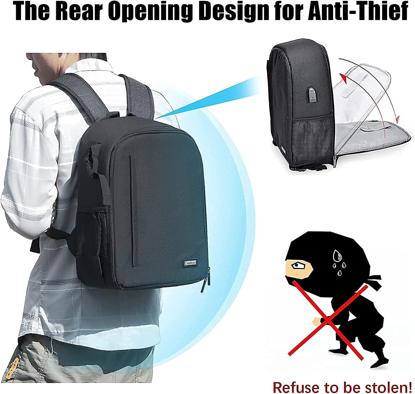 Cwatcun Camera Backpack with USB,Rain Cover,fit 15.6" Laptop,Anti-Theft Rear Open Camera Bag,Waterproof Camera Case with Tripod Straps for Canon Nikon Sony DSLR SLR Photography Bag Unisex(III-L-Black)