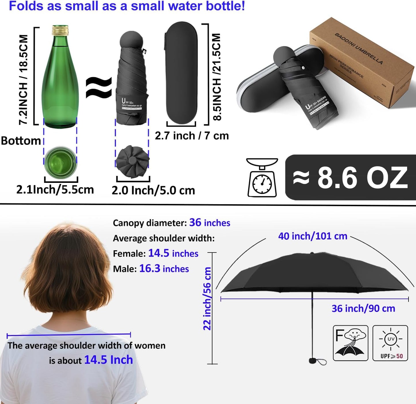 BAODINI Travel Mini Umbrella for Purse With Case Small Compact UV Sun Protection Lightweight Pocket Tiny Umbrella for Women Girls and Men