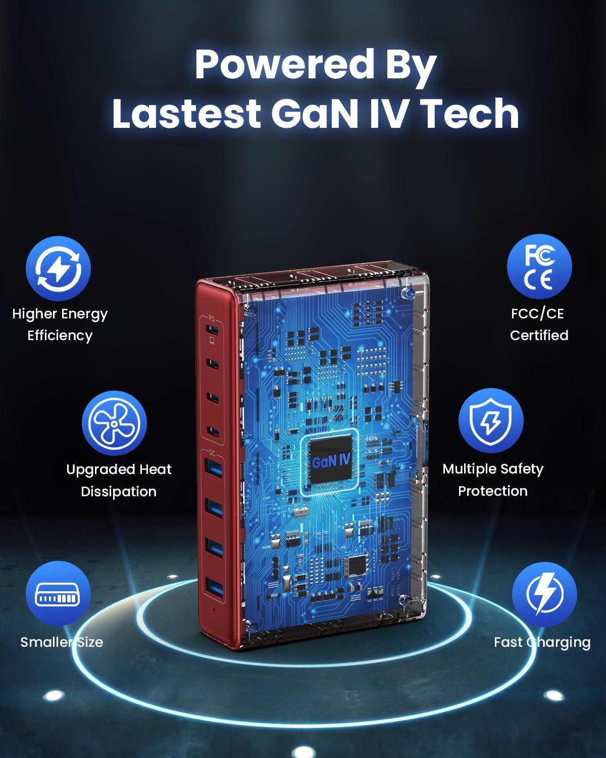 200W USB C Charger Block,GaN IV Charging Station 8 Ports,QC4.0 Fast Charging Station Hub+PD 65W USB C Laptop Charger Adapter Compatible with MacBook Air/Pro,DELL,iPhone 16/15,iPad,Steam Deck-Red