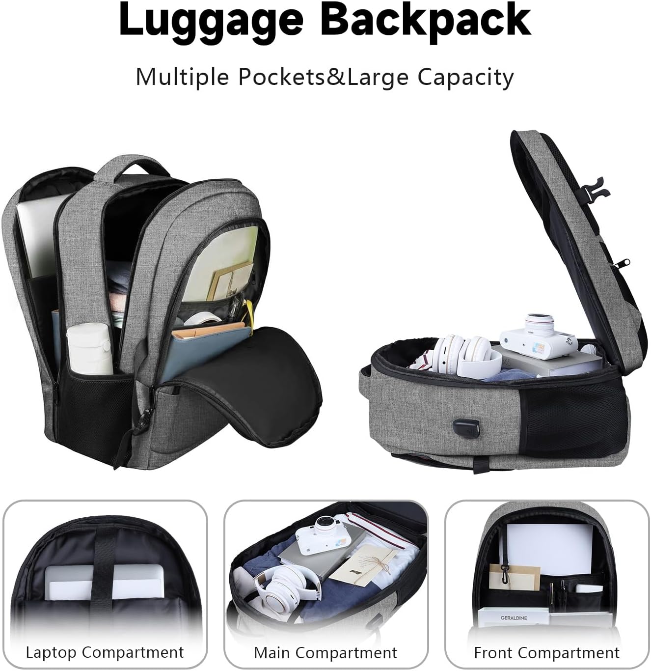 Lapsouno Business Laptop Backpack, Travel Backpack, 15.6 Inch Carry on Backpack, Anti-Theft College School Computer Backpack with USB Port, Gift for Men Women, Grey