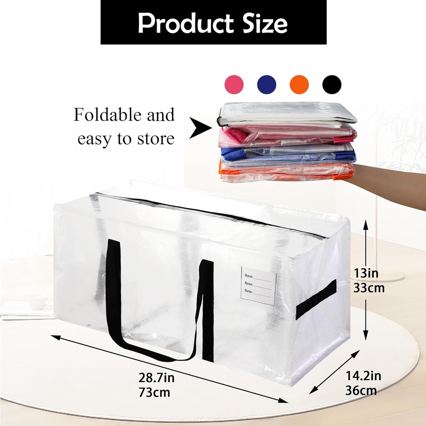 8 Pack Heavy Duty Extra Large Moving Bags with Multicolor Handles, Waterproof Foldable Storage Totes, Clothing Storage Bags, Packing Moving Boxes for College Supplies & Seasonal Storage, Clear