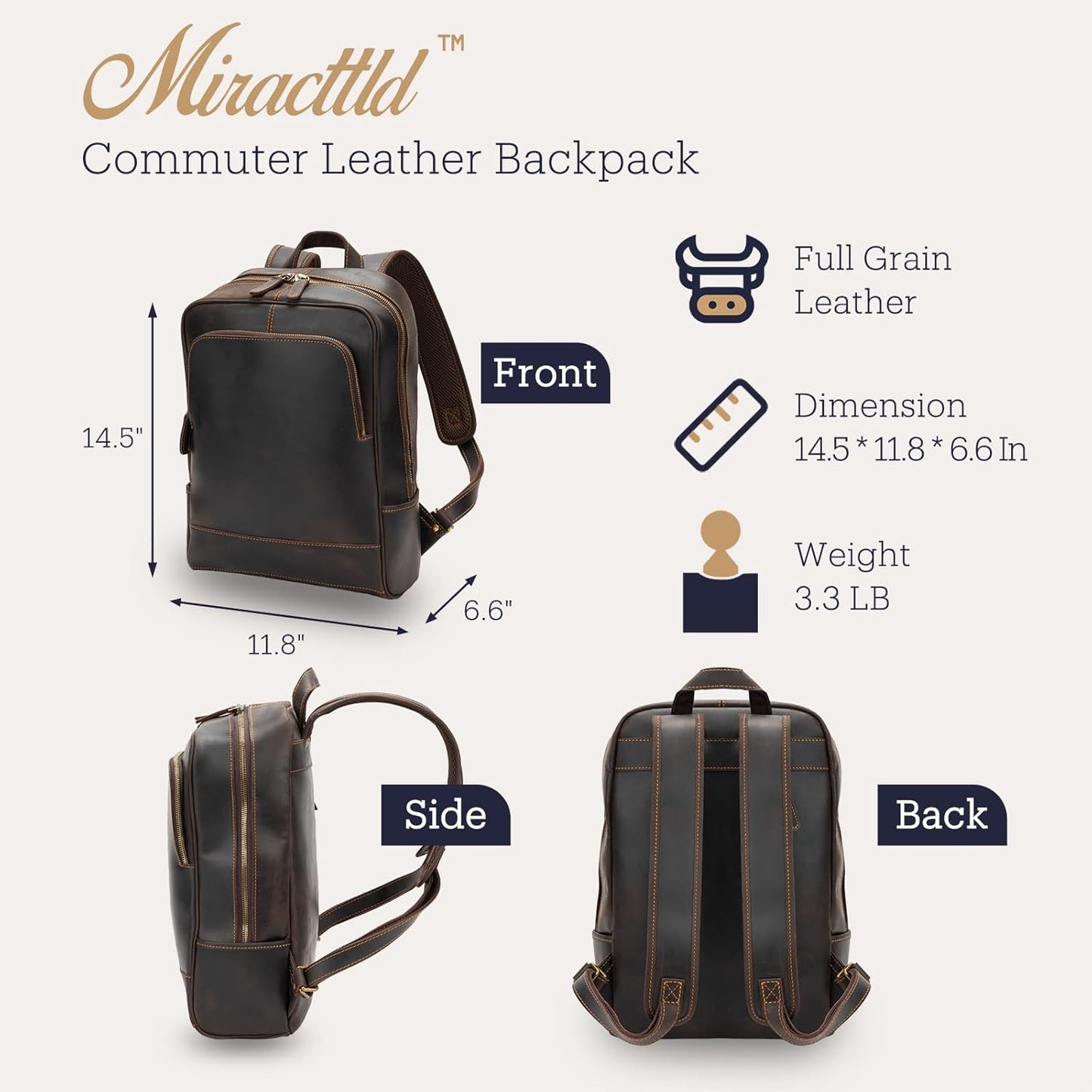 Leather Backpack for Men 15.6" Laptop Backpack 100% Madagascar top-Grain Leather Backpack Dark Brown Medium Size