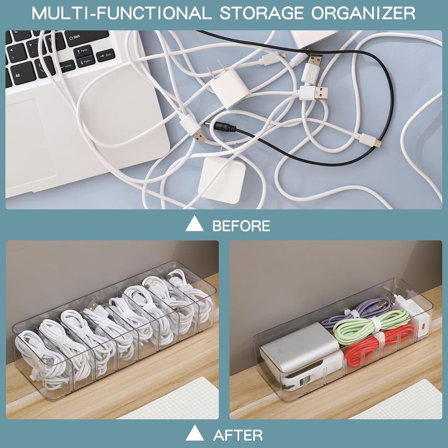 Yesesion 2 Pack Plastic Cable Management Box with Removable Dividers, Clear Cord Storage Organizer with 20 Wire Ties for Desk Drawer, Office Supplies, Electronic Accessories, Battery, Phone Charger