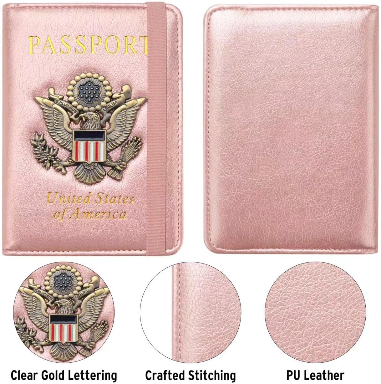 Passport Holder for Travel Passport Cover for Men Passport Wallet Case with Metal Badge Protector Leather Card Case RFID Blocking Women Travel Accessories Document Organizer (Rose Gold)
