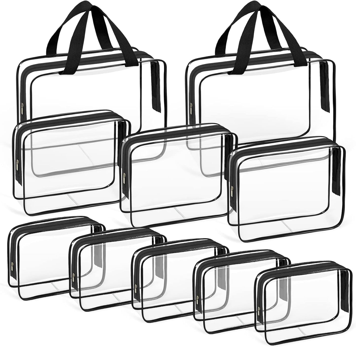 TISRATOK 10 PCS Clear Travel Makeup Toiletry Bag, Plastic PVC Cosmetic TSA Approved Organizer Kit with Zipper Handbag（Black）