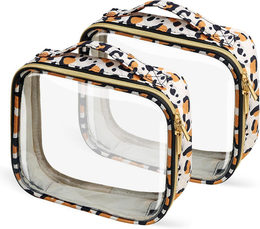 TSA Approved Travel Toiletry Bag,2 Pack Clear Makeup Bags with Handles,Quart Size Clear Cosmetic Bags for Traveling Women,Men,Carry on Airport Airline Compliant Bag,Leopard
