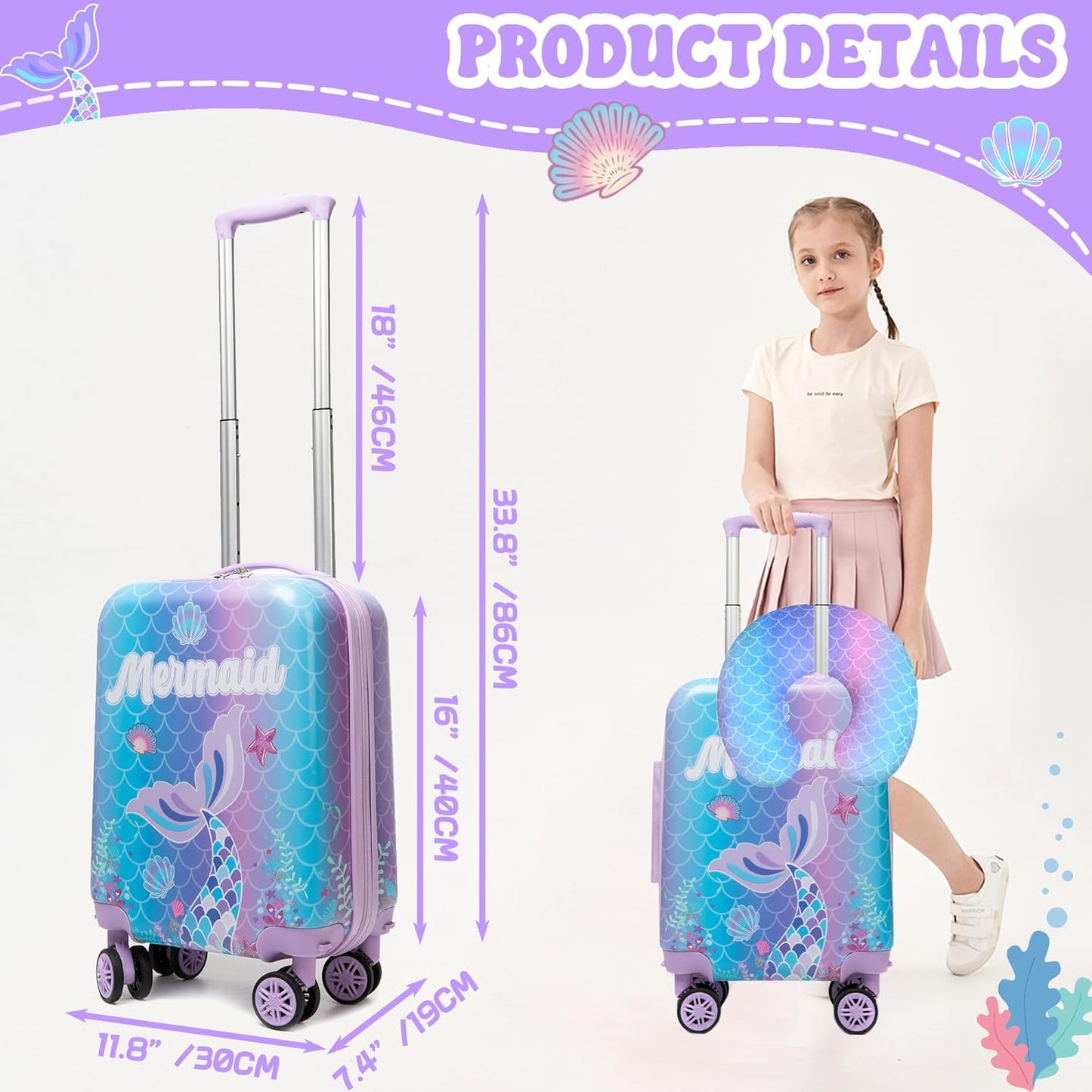 Cute Mermaid Kids Luggage Set 2 piece Kids Suitcase with Spinner Wheels 16" Childrens Luggage for Girls With Wheels Hard Shell Luggage Sets Airline Approved