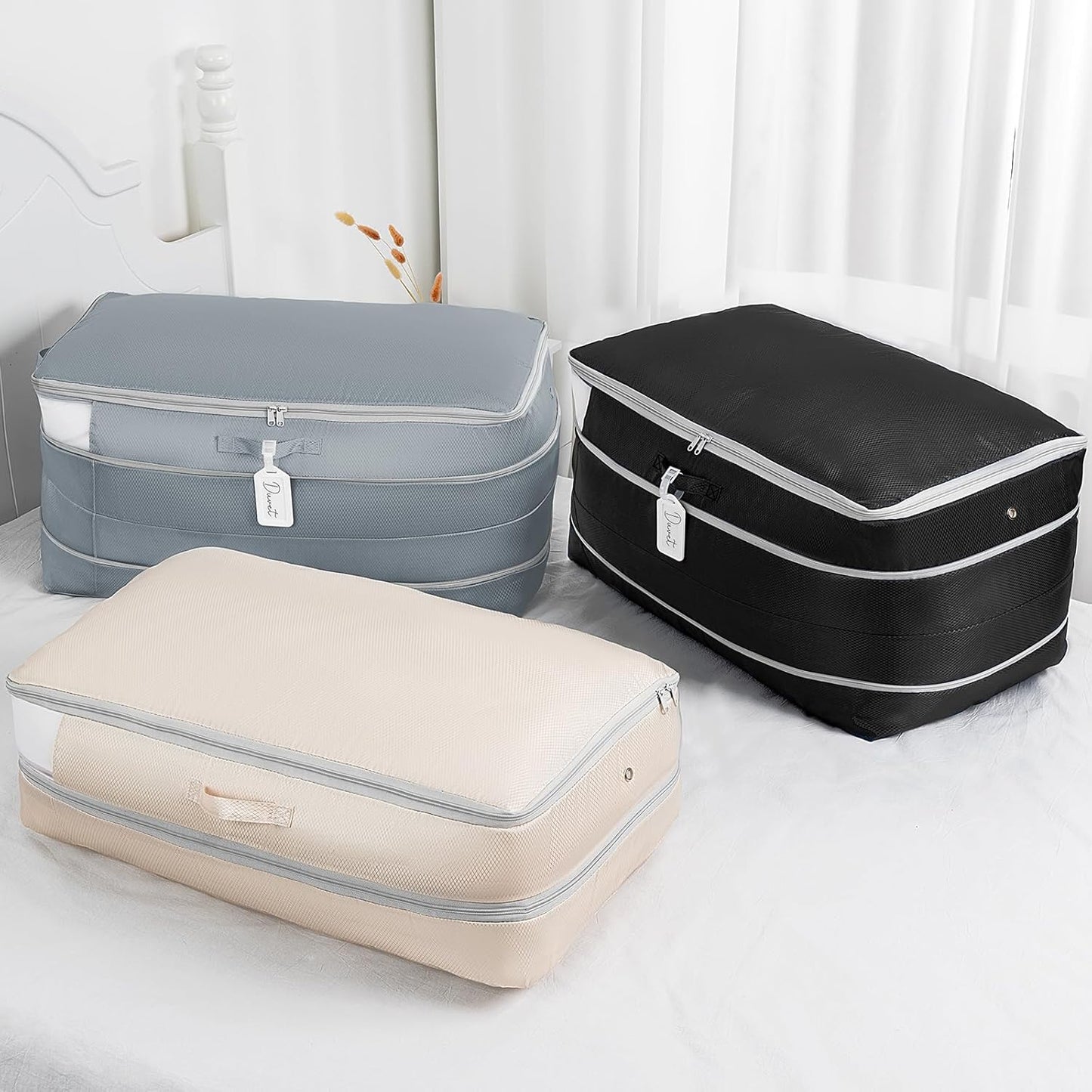 Comforter Storage Bag - Large Capacity Bedding Storage Bags Ultra Space Saving Self Compression Organizer, Washable Compression Bags for Storage Comforter Blanket Duvet Pillow, 4-Pack, Grey