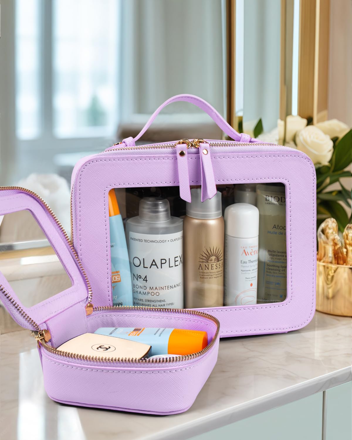 LETGO Clear Makeup Bags Set - TSA Approved Toiletry Bag with Handle Large Opening, Clear Toiletry Bags Case Pouch for Travel Essentials Car Accessories for Women Men (0-2Pack-Purple)