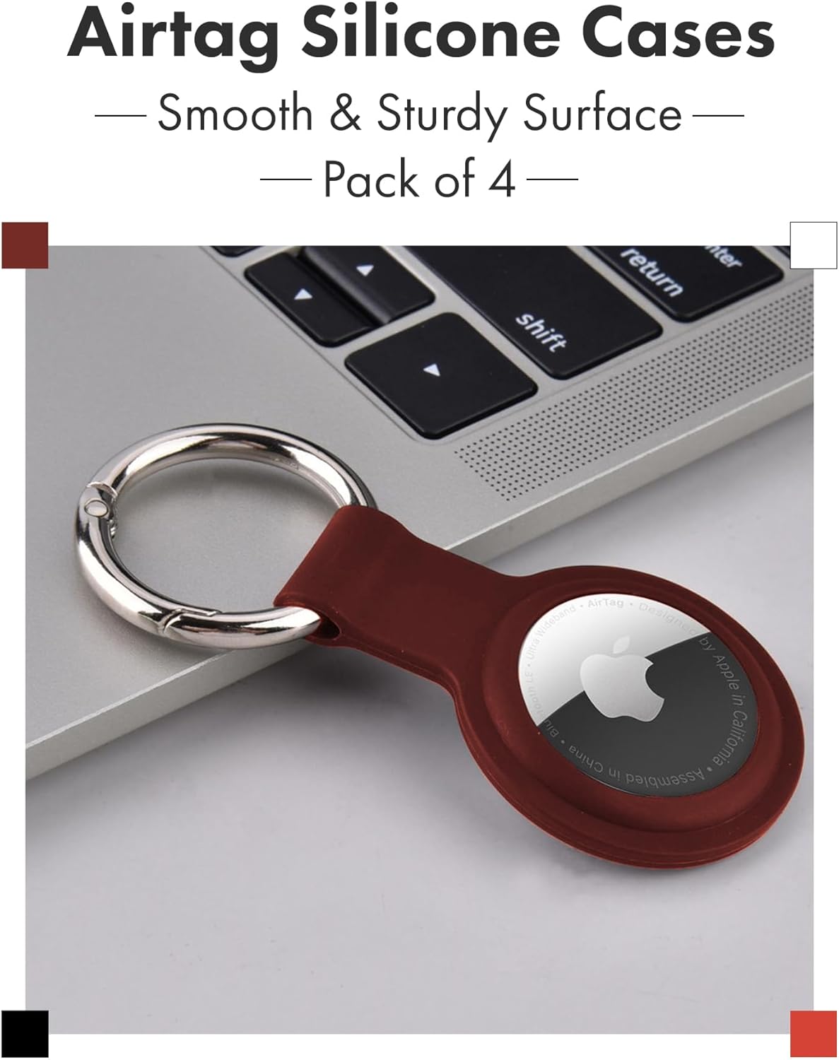 Apple AirTag 4 Pack Shockproof, Dustproof & Washable Cases, Silicon Holders with Accessories for Wallets, Luggage, Pet Collars, Key Finders (White - Gray - Orange - Maroon)