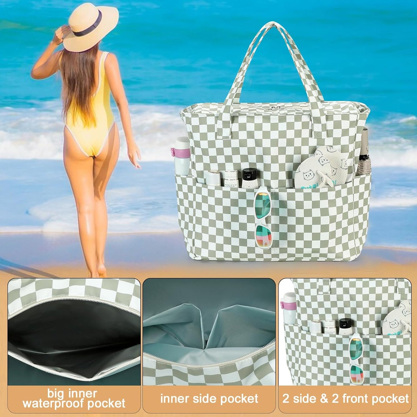 LEDAOU Beach Bag Waterproof Sandproof Women Tote Bag Pool Bag with Zipper for Gym Grocery Travel with Wet Pocket