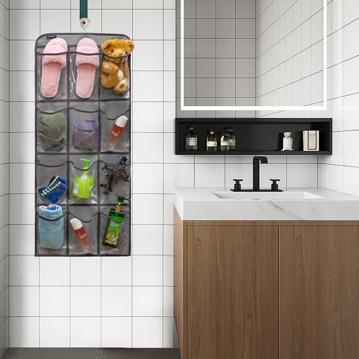 Dual Sided Hanging Shoe Organizer for Closet with Rotating Hanger Hanging Shoe Rack Holder with 24 Large Pockets (GREY-Clear Pockets)