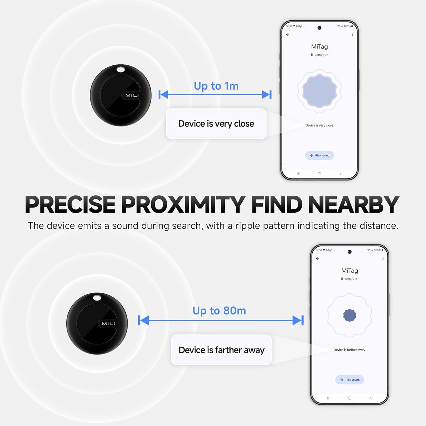 MiLi MiTag Bluetooth Tracker for Android, Google Certified Key Finder/Luggage Tracker/Item Locator, Smart Tracking Tag for Google Find My Device (Find Hub) App (BLK, 2PCS)
