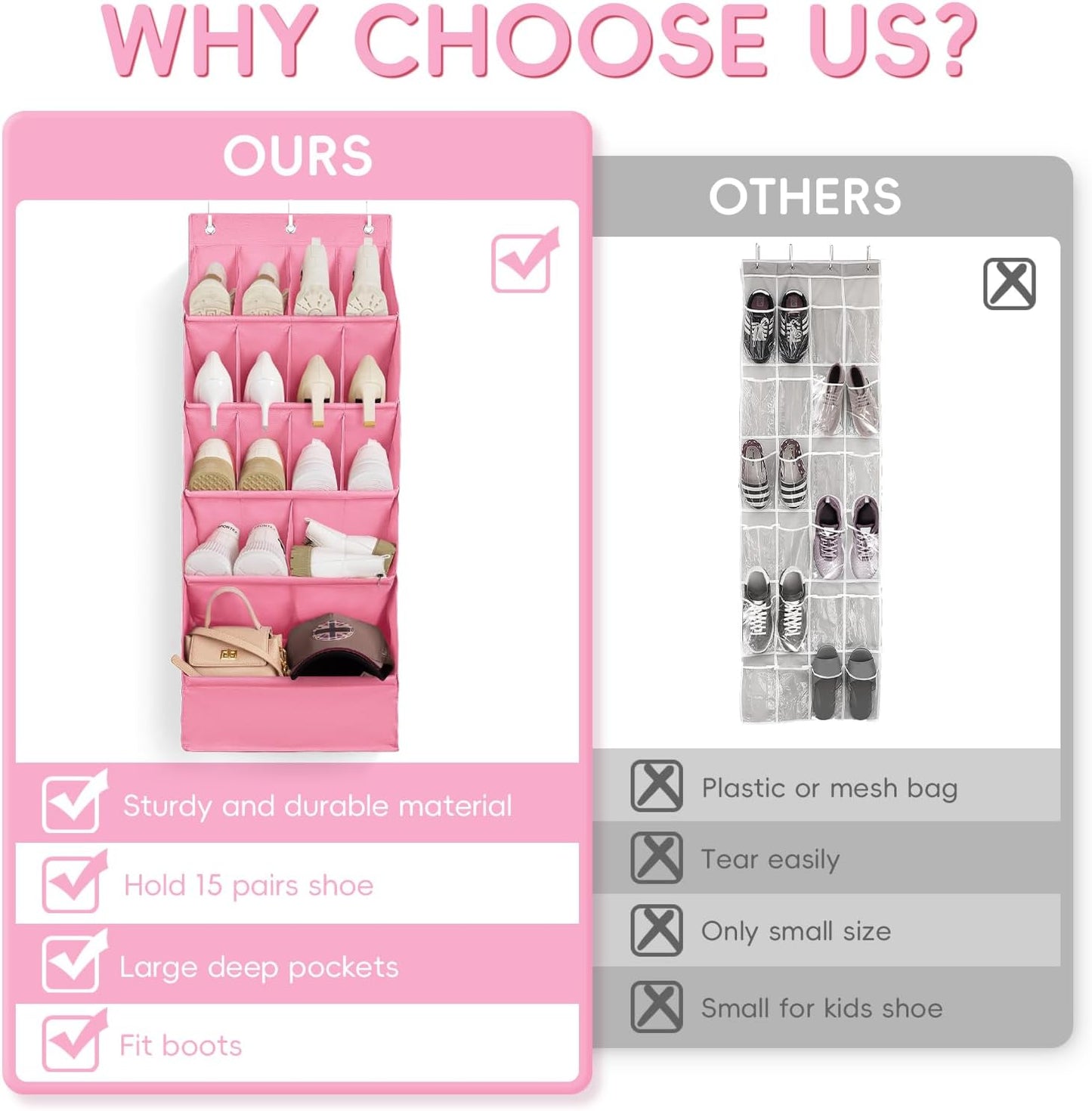 FENTEC 1 Pack Over-the-Door-Shoe-Organizers, Hanging Shoe Organizers with Large Pocket Shoe Holder Hanging Shoe Rack for Closet Shoe Organizer for Wall, Over Door Organizer with 15 Pockets Pink