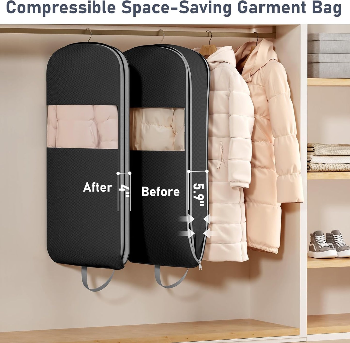 DIMJ 2 Pack 43" Space Saving Garment Bags for Hanging Clothes With Compression Zipper Carry Handles and Window, Washable Suit Bag for Dress, Clothes, Coats, Down Jacket, Closet, Moving, Travel