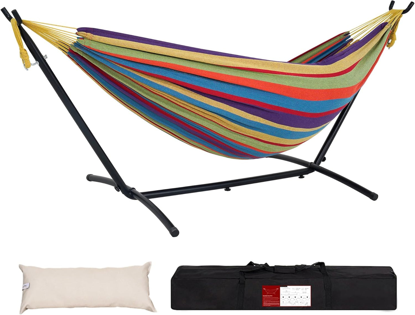 Lazy Daze Hammocks Double Hammock with 9 ft Space-Saving Steel Stand Includes Portable Carrying Case, 450 Pounds Capacity (Purple Stripes)