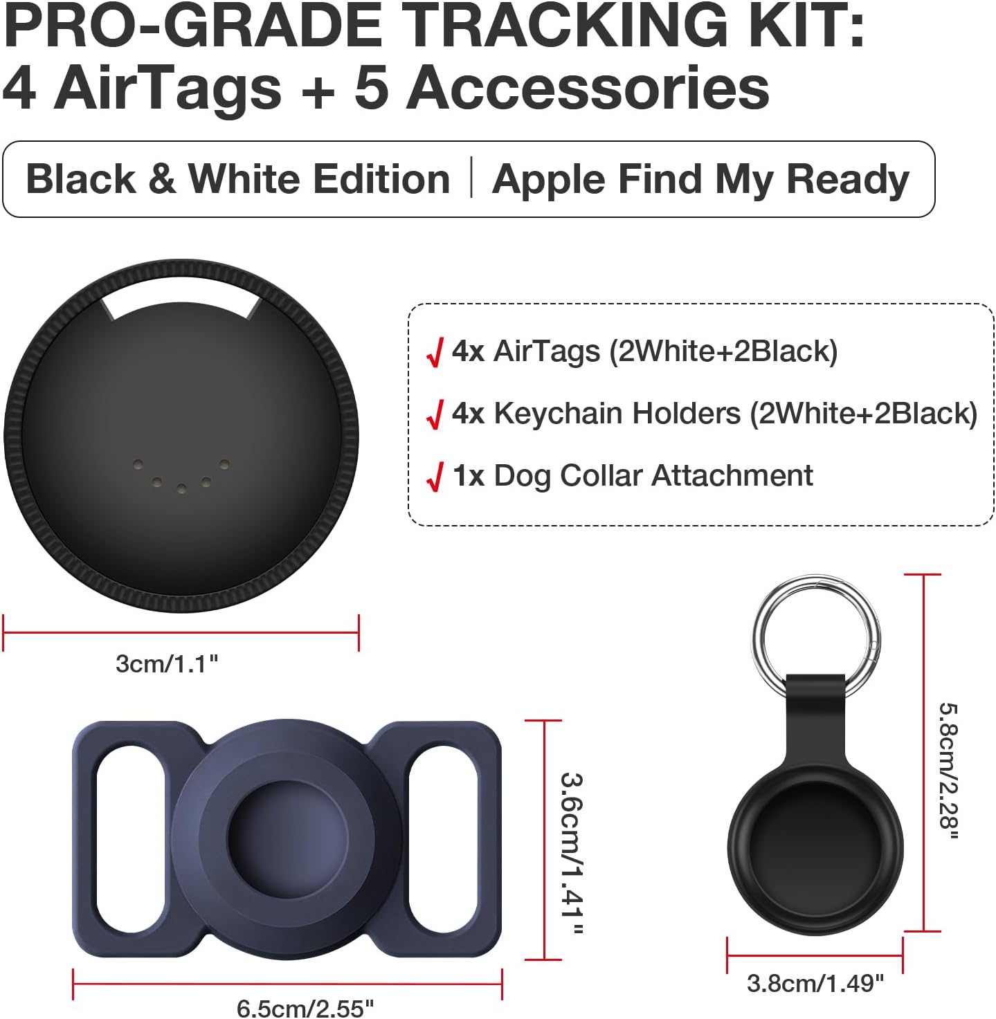 Air Tracker Tags 4-Pack, Item Finders Work for Apple Find My APP (iOS Only) Tracker Tags for Keys, Pet, Luggage, Bag, Replaceable Battery Last 1 Year, Loud Beep, with Waterproof Holder Keychain