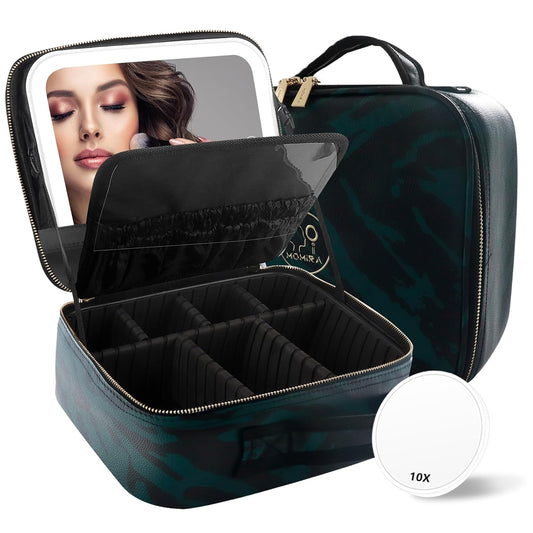 MOMIRA Travel Makeup Bag Cosmetic Bag with Lighted Mirror, Adjustable Brightness in 3 Color Scenarios, Waterproof, 10x Magnifying Mirror, Rotatable Independent Light Mirror- Zebra Green