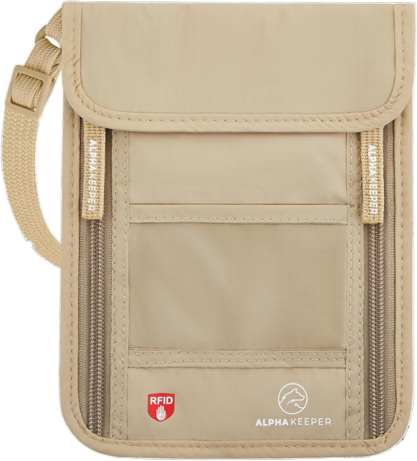 Alpha Keeper Neck Wallet, Travel Pouch For Passport Holder And Documents, RFID Blocking, Beige, Unisex Adult, Travelers, Adults