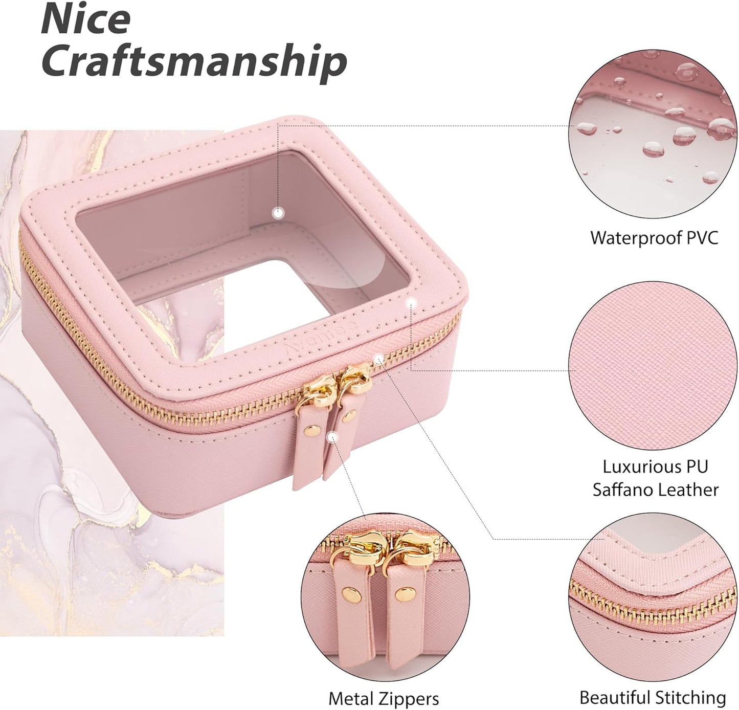 Aveniee Small Clear Makeup Bag,Mini Travel Toiletry Organizer TSA Approved,Waterproof Cosmetic Case with Zipper,Cute Car Essentials Pouch for Women,Pink