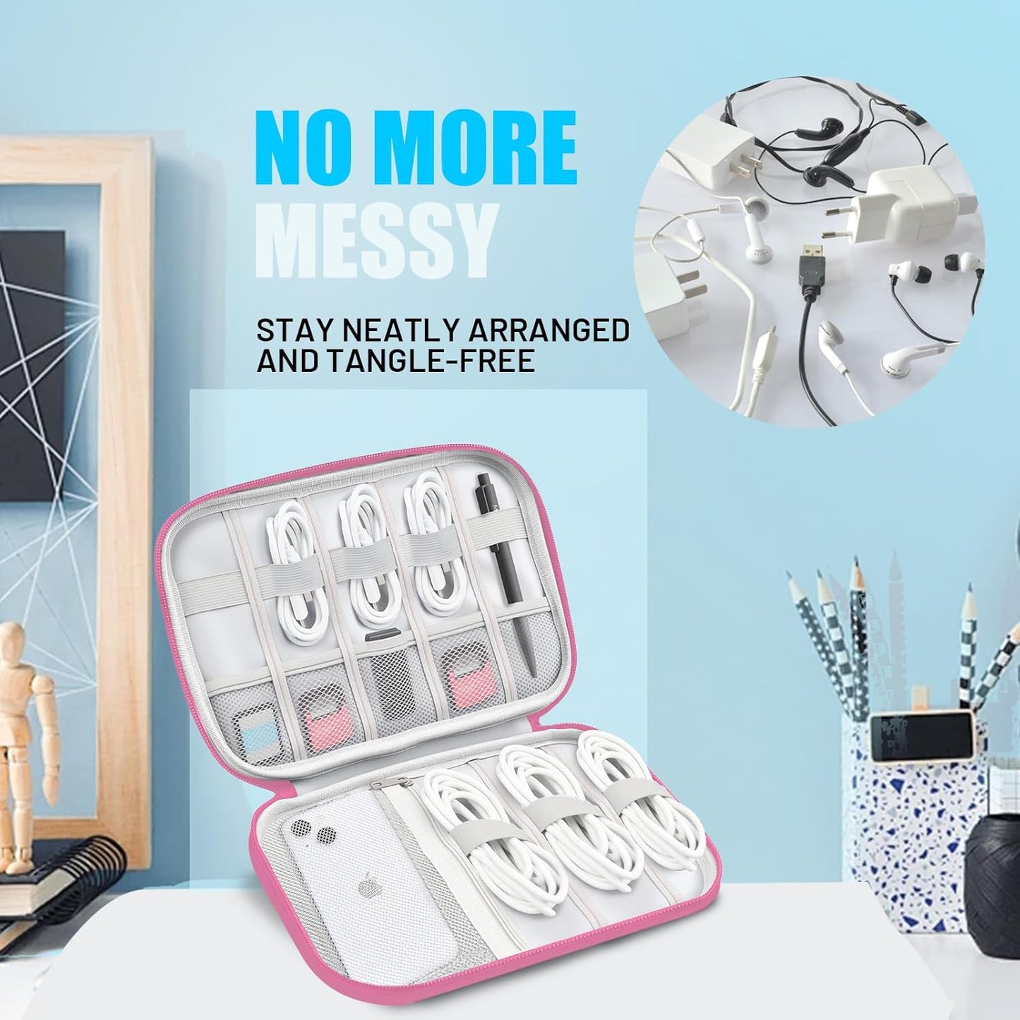 Travel Cable Organizer Bag, Electronics Organizer Tech Pouch with Double Layers for Cords, Chargers, Phone, Earphones, USBs, SD Cards - Travel Essentials Portable Waterproof Tech Pouch