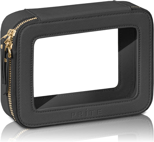 Prite Clear Makeup Bag Cosmetic Organizer Case Waterproof Travel Toiletry Bag Skincare Pouch with Golden Zipper(Black)