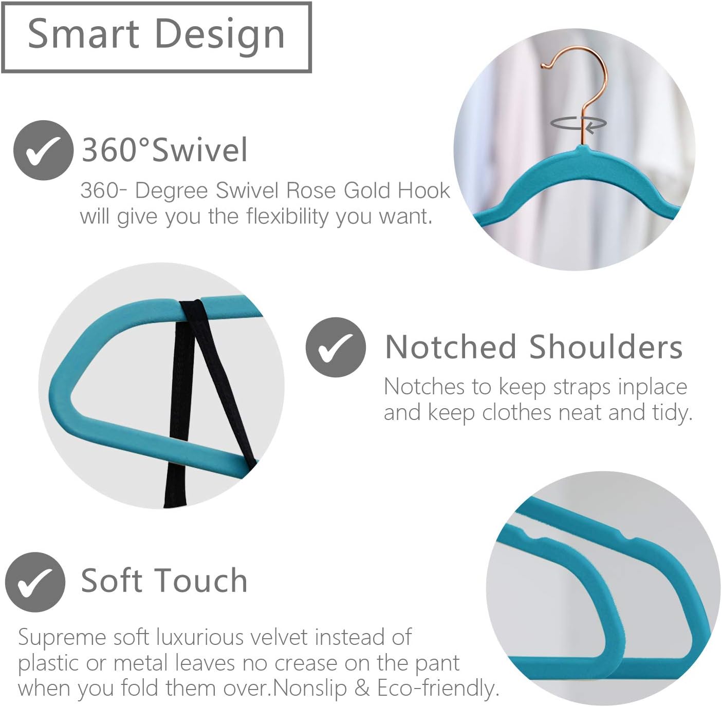 MIZGI Premium Velvet Hangers (50 Pack) Heavy Duty - Non Slip Felt Suit Hanger Teal/Turquoise - Rose Gold Hooks,Space Saving Clothes Hanger