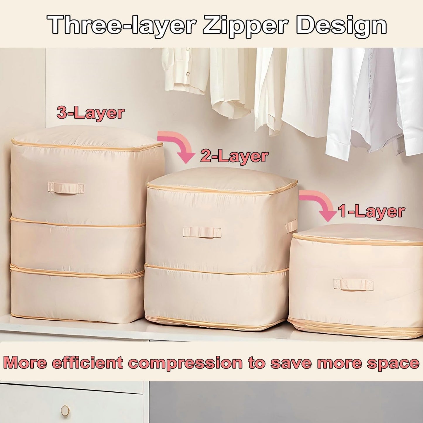 Ultra Space Saving Self Compression Organizer, 2025 New 3-Layer Zipper Large Capacity Storage Bag, Thick Satin Fabric Heavy Duty Bags for Comforters Blankets Bedding Duvet (Gray, X-Large, 21x17x24in)