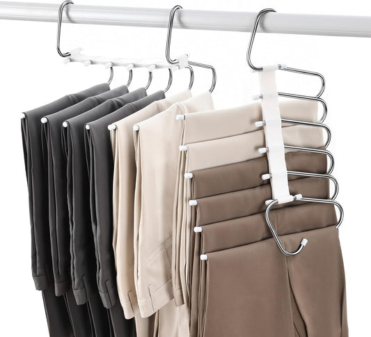 Upgraded Collapsible Pants Hangers Space Saving, 6 Layers Clothes Rack, Stainless Steel Multifunctional Closet Organizer, Non Slip Metal Hangers for Pants Jeans Skirts Trousers (4 Pack)