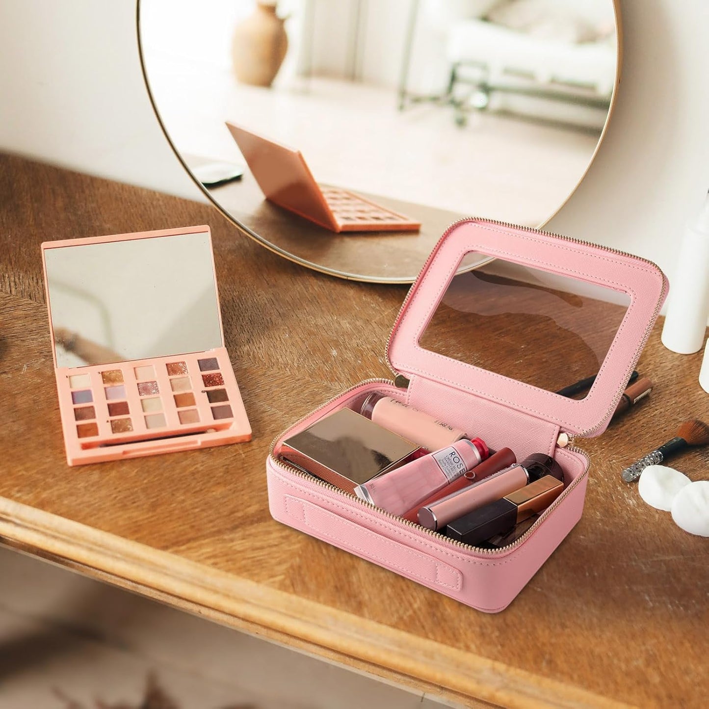 Aveniee Clear Makeup Bag Organizer Set,Portable Travel Toiletry Case for Women, Vegan Leather Cosmetic Pouch Car Bag for Essentials 2pcs,Middle & Large,Pink