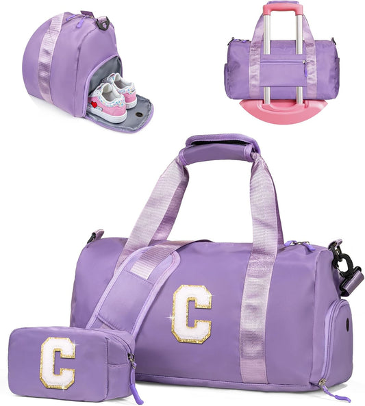 Granddaughter Gift from Grandmom-Girl Gym Bag with Shoe Compartment, Kid Personalized Weekender Overnight Bags, Initial Travel Tote with Makeup Pouch, Easter Gifts for Teen (Letter C)